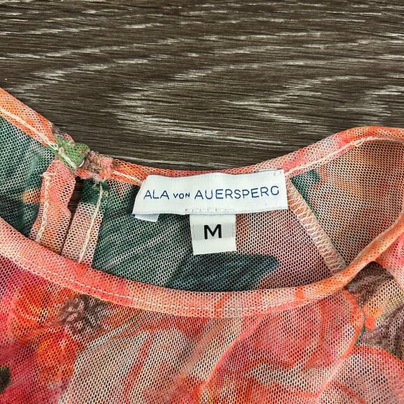 Ala Von Auersperg Mesh Top Taj Floral Print Sheer Long Sleeve Tie Waist Pink M - Picture 5 of 16